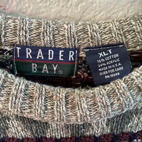 Vintage Trader Bay Sweater Mens XLT Tall Brown Grandpa Aztec Fair Isle Chunky - Picture 3 of 6